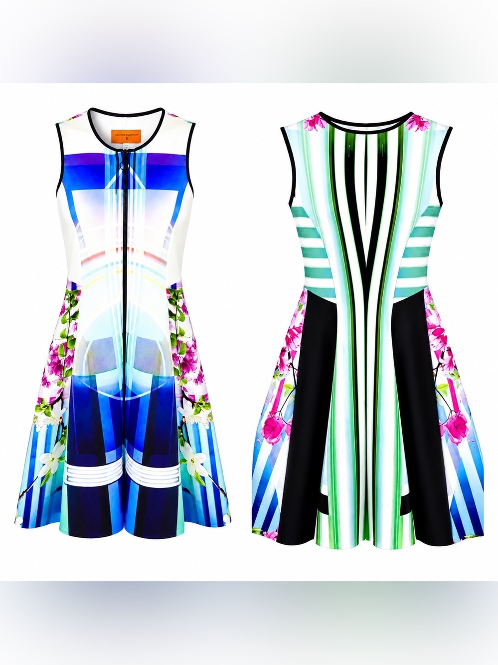 Clover Canyon Blue, Green & Pink Graphic Fit-and-Flare Scuba Dress S